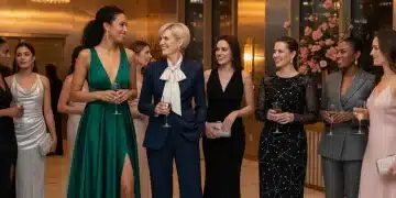 Elegant women in diverse formal wear at a luxurious American event, showcasing 2026 fashion trends.