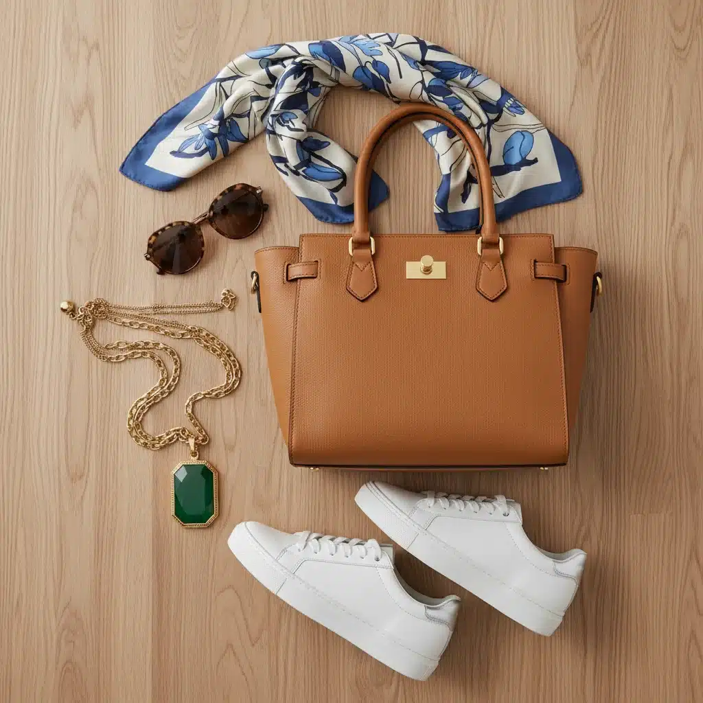 Flat lay of essential fashion accessories including a leather handbag, statement necklace, and sunglasses.