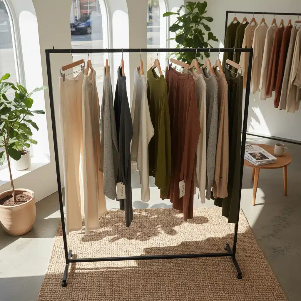 Minimalist clothing rack with sustainable garments in a bright boutique setting.