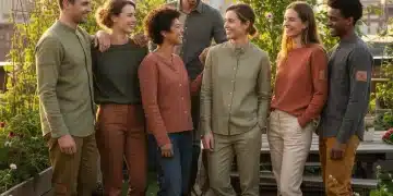 Diverse individuals wearing stylish ethical fashion in a sustainable urban garden