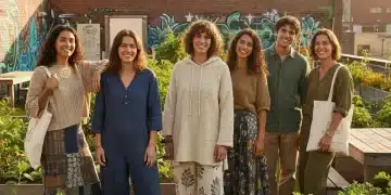 Group of young people wearing ethical and sustainable fashion in an urban garden setting.