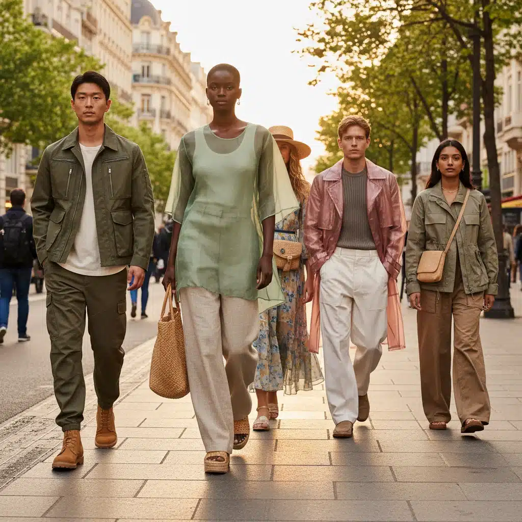 Everyday people in an urban setting wearing outfits inspired by Spring 2026 fashion trends, showcasing practical application.