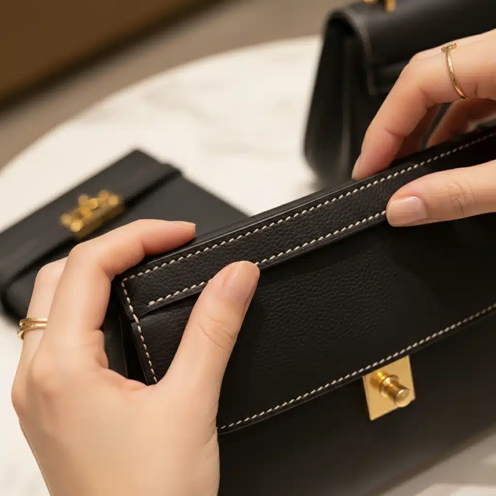 Hands examining stitching on a high-quality leather handbag