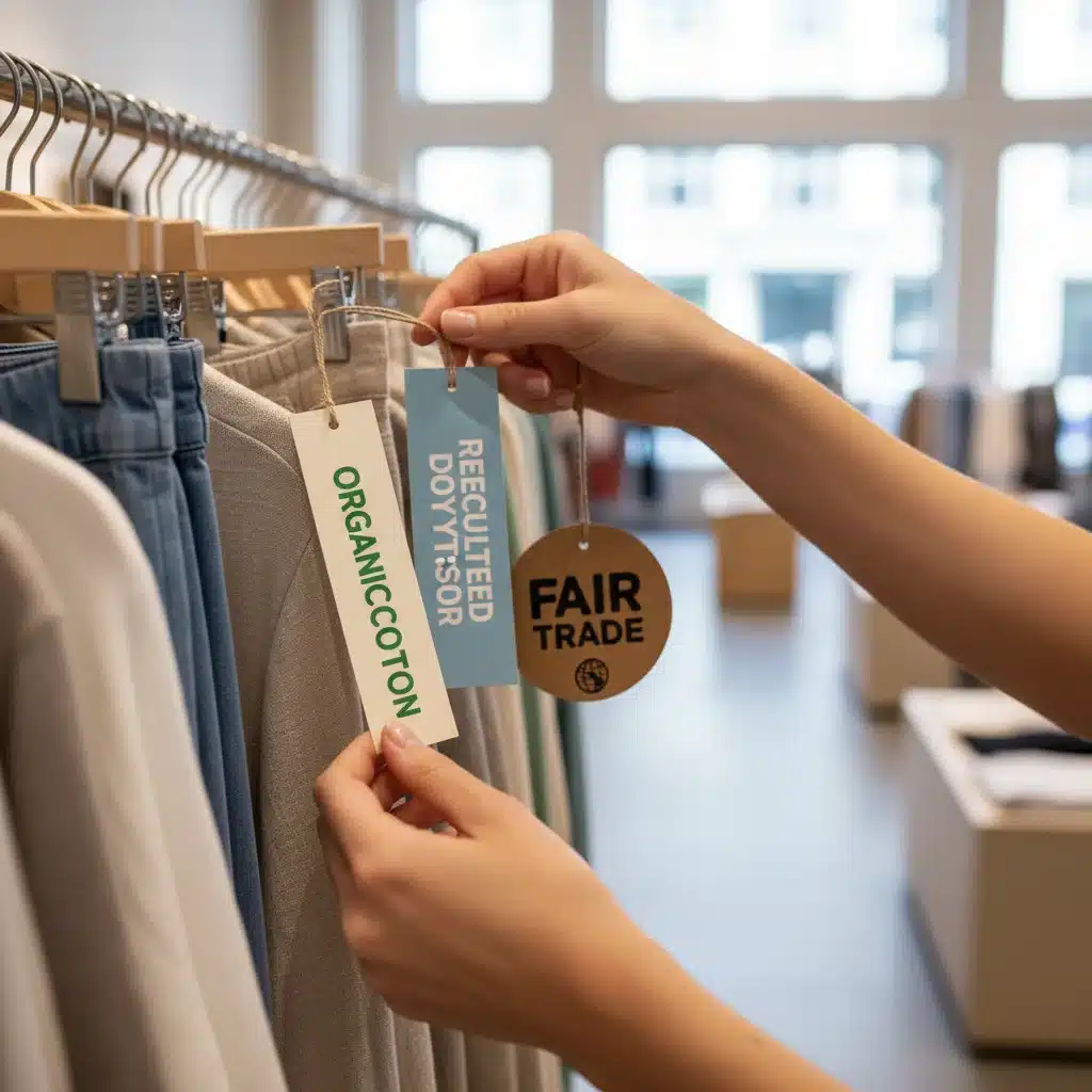 Hands examining sustainable clothing tags in a retail store