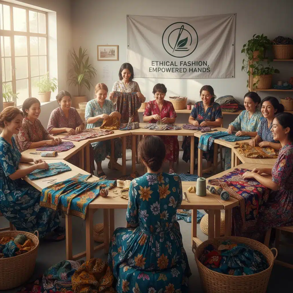 Artisans working collaboratively in a fair-trade garment workshop