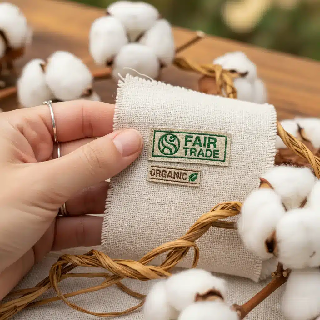 Hand holding fair trade organic fabric swatch, emphasizing sustainable textile production.