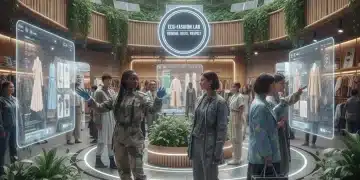 Fashion consumers engaging with digital shopping in a futuristic, sustainable retail space.