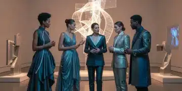 Five fashion curators discussing future trends in a chic gallery setting.