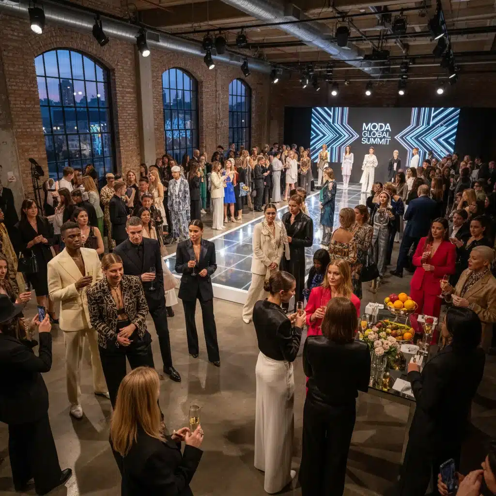 Fashion industry professionals and influencers networking at a stylish event, showcasing diverse contemporary fashion.