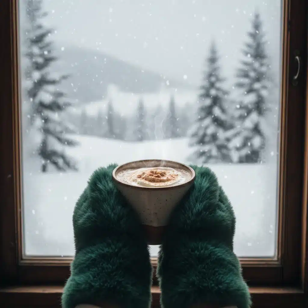 Close-up of hands in faux fur gloves holding hot chocolate, symbolizing winter comfort