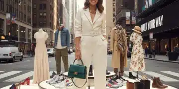 Stylish woman surrounded by diverse footwear, urban background, American fashion