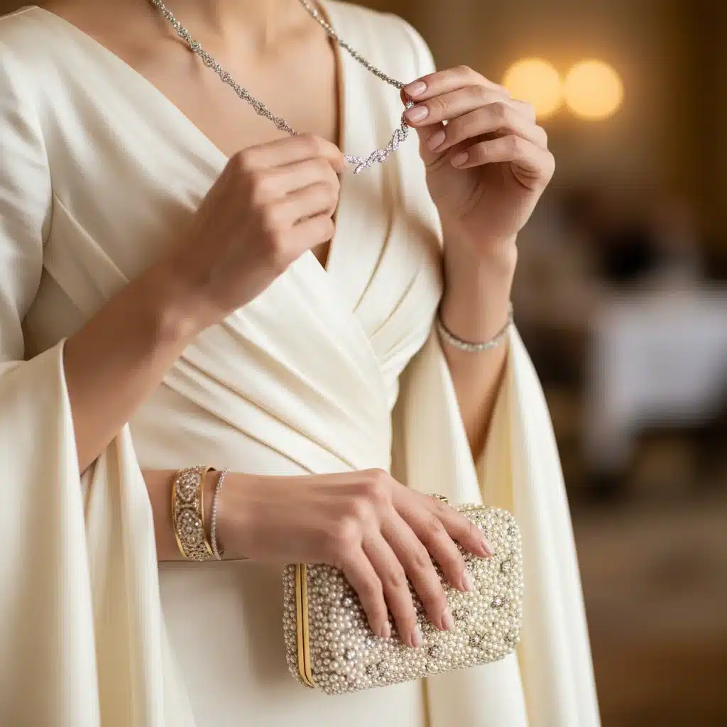 Woman's hands adjusting a diamond necklace over a silk gown, showcasing elegant formal accessories.