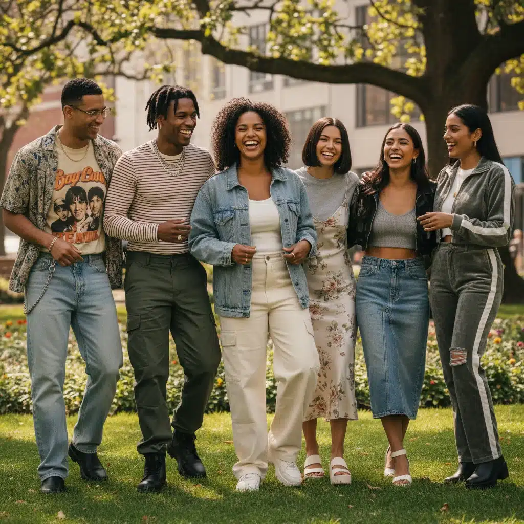 Friends showcasing updated 90s and 2000s fashion in a park setting.