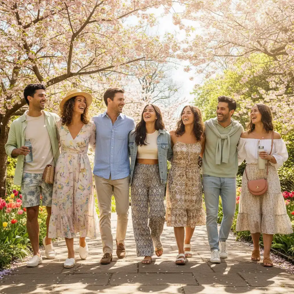 Group of friends in diverse spring outfits enjoying a sunny outdoor gathering