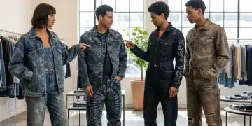 Models displaying future denim trends with innovative washes and silhouettes in a modern store.