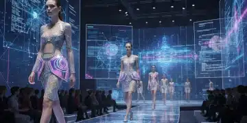 Futuristic fashion runway with AI-designed clothing and holographic patterns