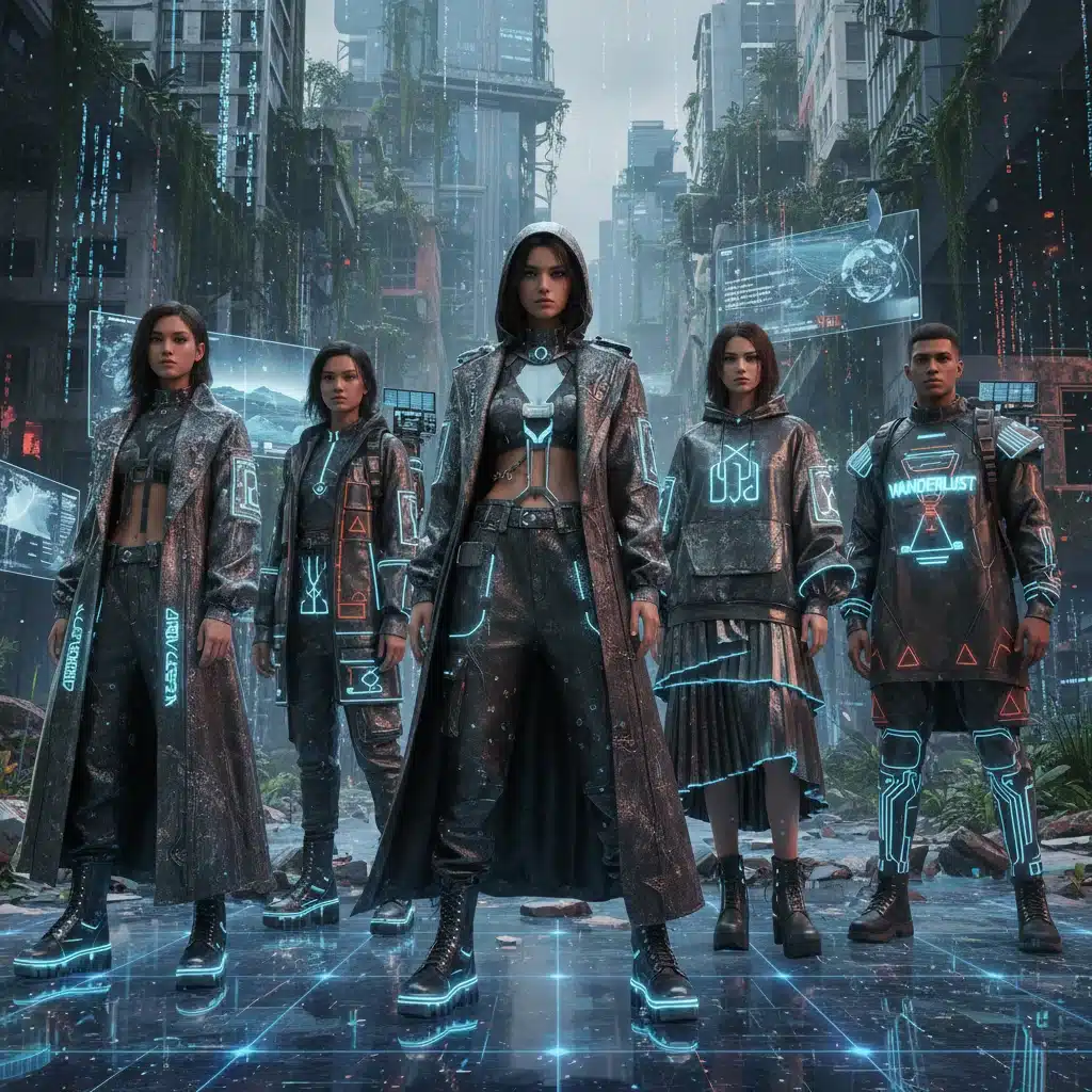 Futuristic digital fashion showcasing Neo-Grunge and Digital Nomad styles.