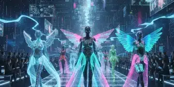 Futuristic digital fashion show with avatars and glowing virtual outfits in the metaverse.