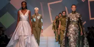 Futuristic fashion show with diverse models and sustainable designs