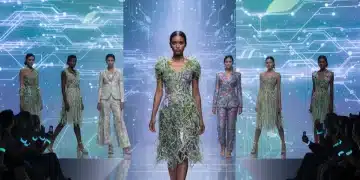 Futuristic fashion runway with sustainable and tech-integrated designs