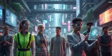 Gen Z fashion enthusiasts displaying diverse styles in a futuristic urban setting, highlighting digital and sustainable trends.