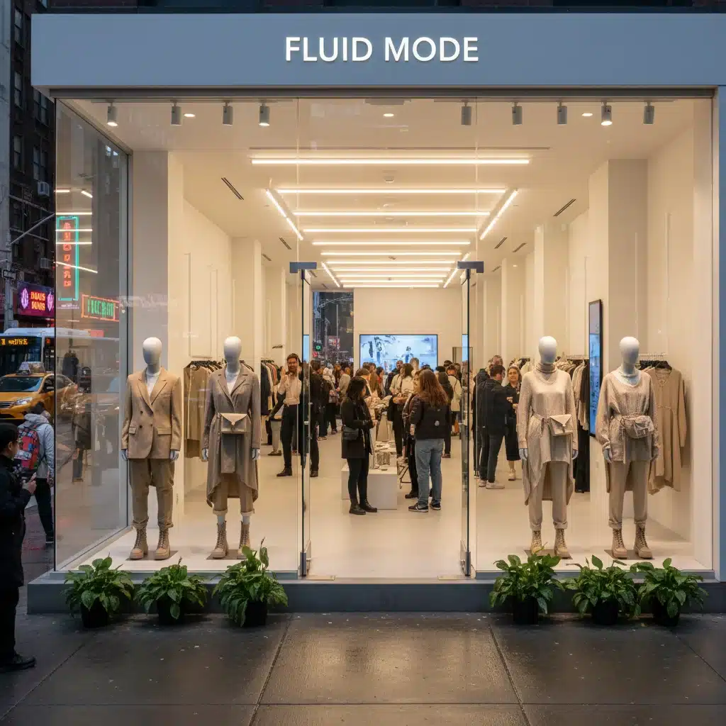 Modern retail store showcasing gender-fluid fashion collections
