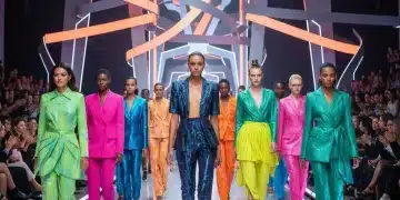 Models showcasing innovative gender-fluid fashion on a futuristic runway