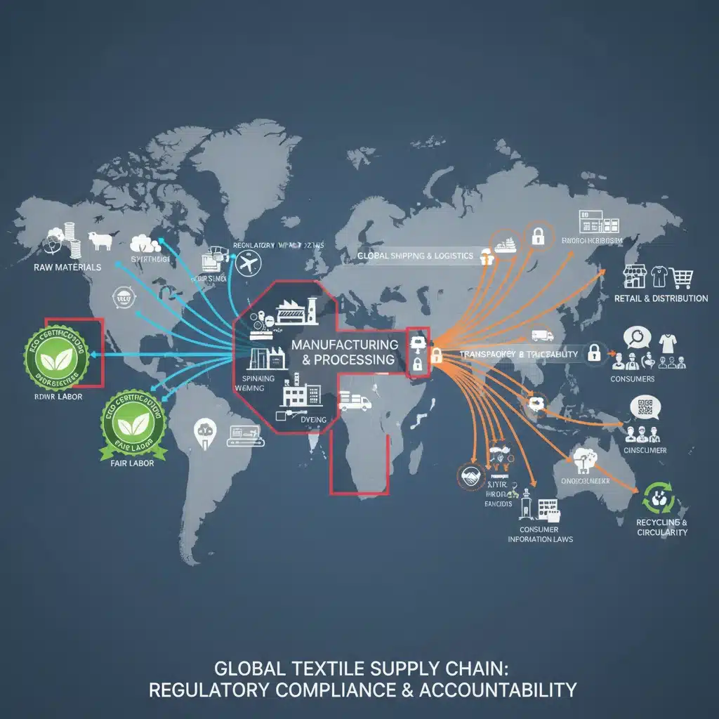 Intricate global fashion supply chain demonstrating transparency and ethical sourcing requirements.