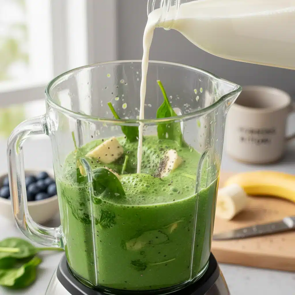 Healthy green smoothie being made, representing nutritious breakfast choices.
