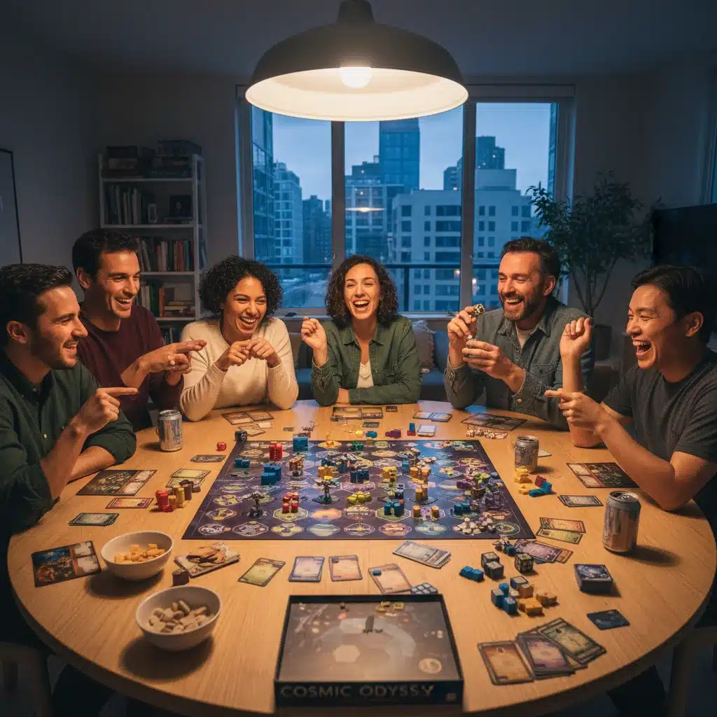 Friends engaged in a lively board game session, showcasing social interaction and strategic thinking.