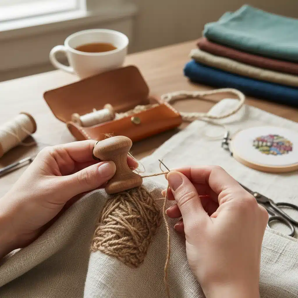 Hands mending clothing, slow fashion, repair culture, sustainable textile