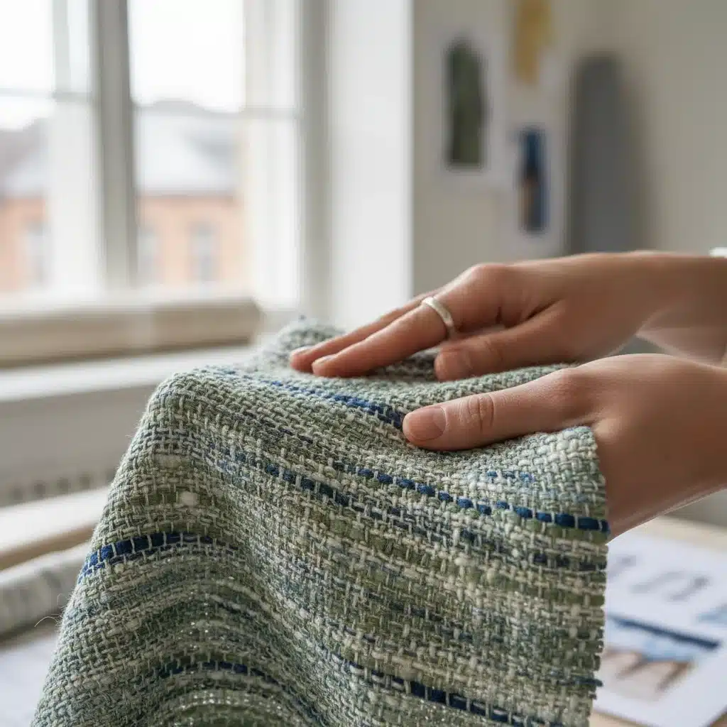 Innovative sustainable fabric being examined by a designer.