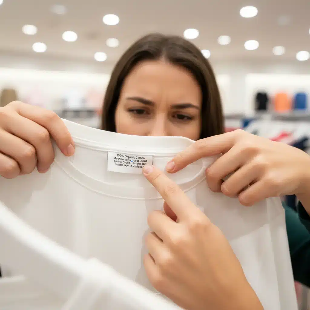 Person inspecting clothing care label for conscious purchasing decisions.