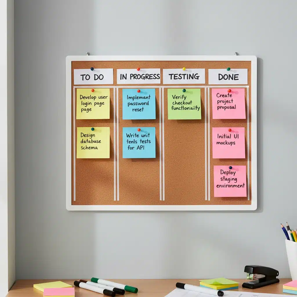 Kanban board showing workflow stages and task cards