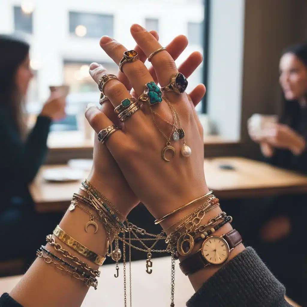 Hands with layered, eclectic jewelry showcasing personal style
