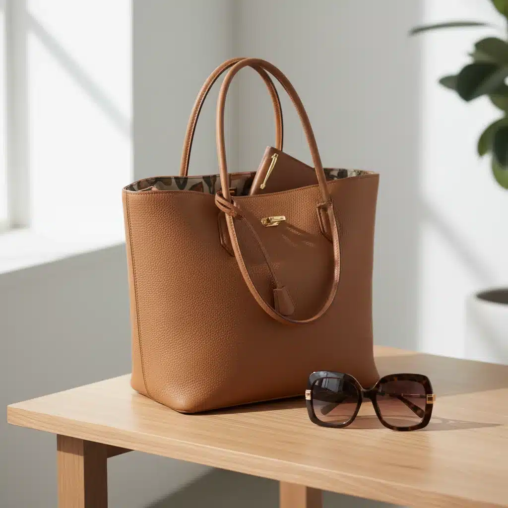 Elegant, high-quality leather tote bag in a neutral tone on a minimalist table.
