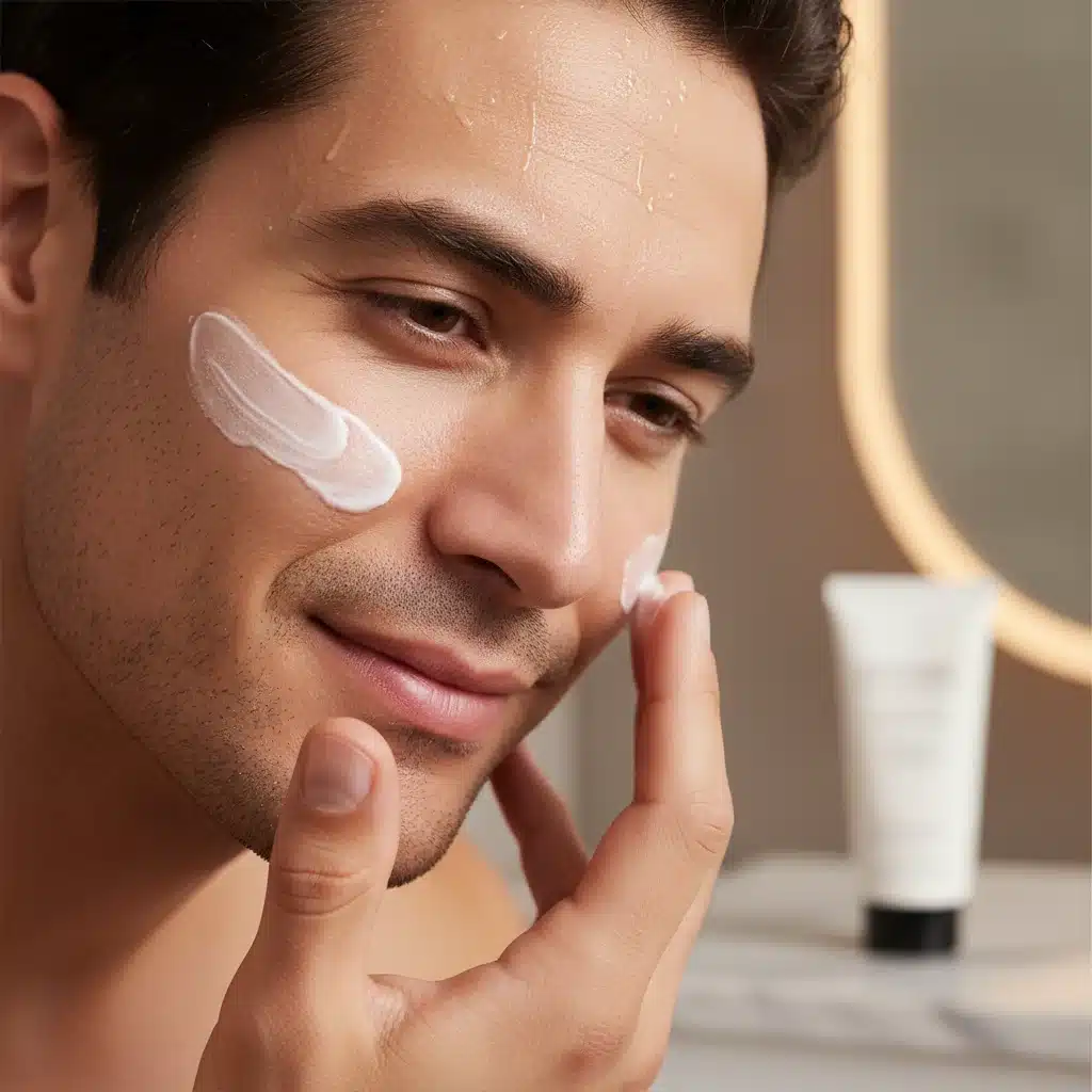 Man applying facial moisturizer for healthy skin.