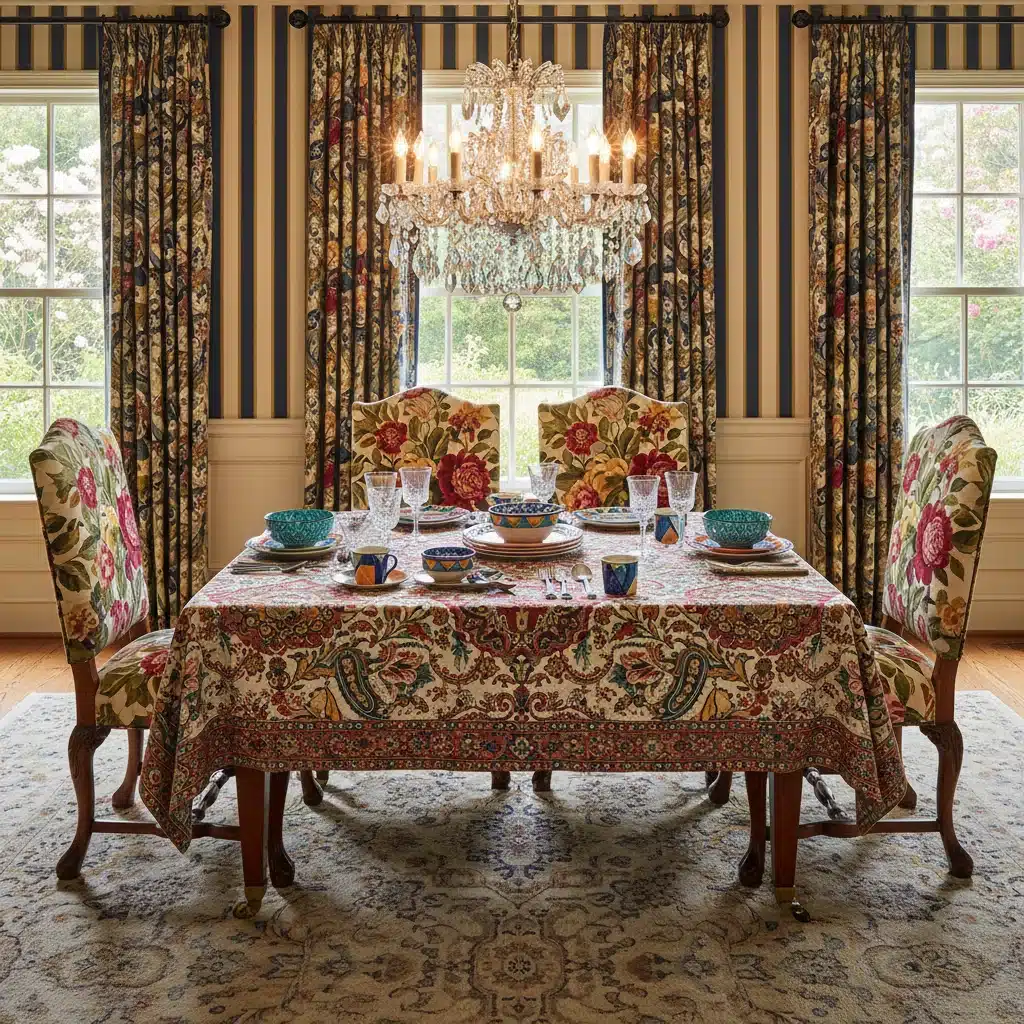 Maximalist dining room with striped wallpaper and floral chairs