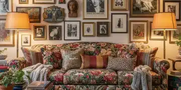 Luxurious maximalist living room with bold floral sofa and eclectic decor