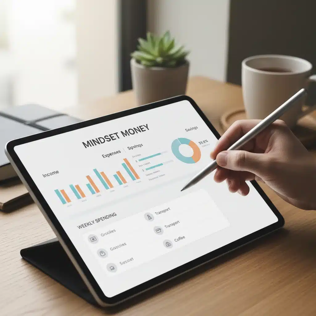 Digital tablet showing budget app for mindful spending in a minimalist lifestyle.