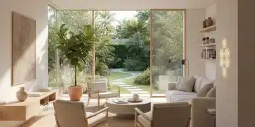 Modern living room with biophilic design and smart tech integration, creating a serene home oasis.