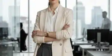 Modern professional woman in tailored business attire in a sleek office setting.