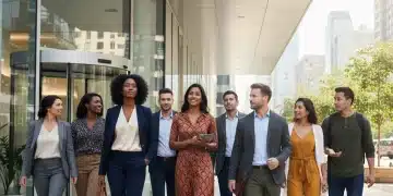 Modern professionals in stylish workwear walking into a contemporary office building.