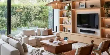 Modern US living room with natural materials and smart home tech