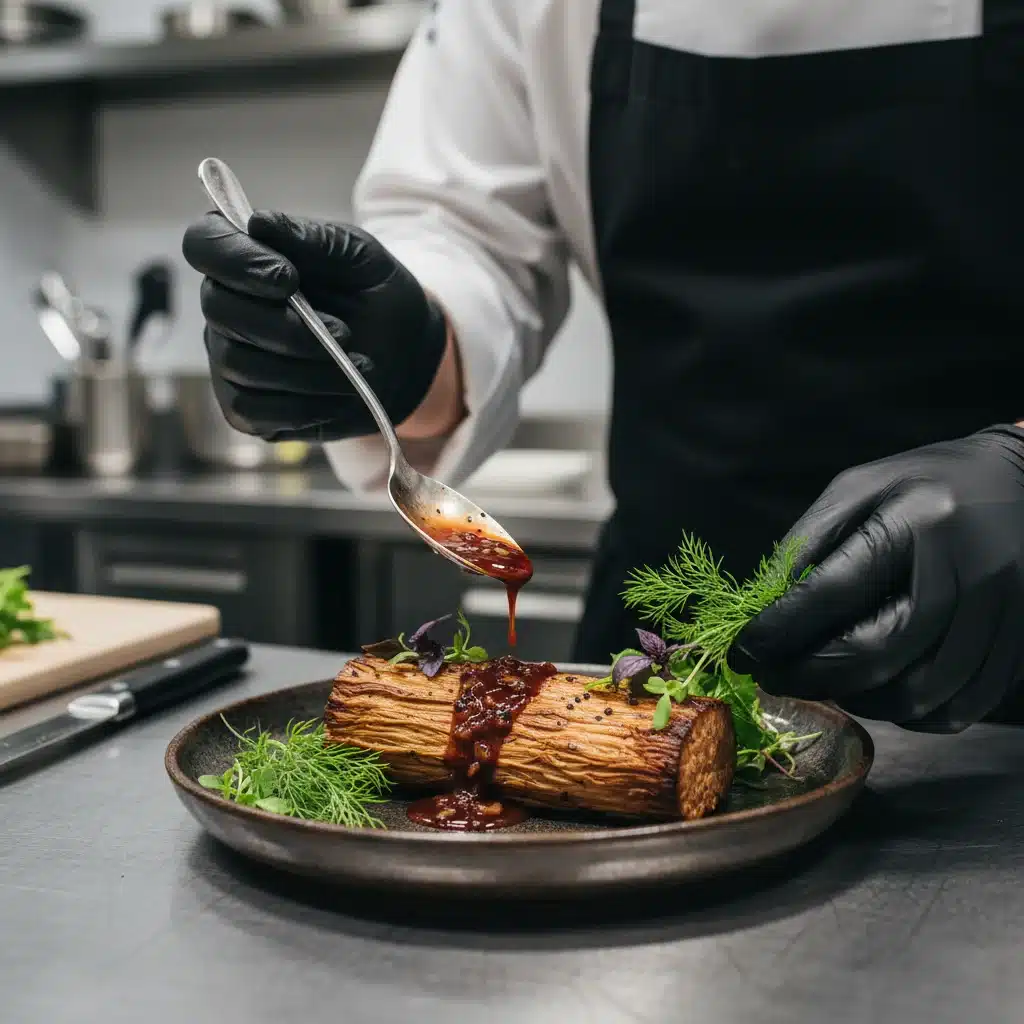 Chef preparing a gourmet mycelium-based steak, highlighting alt-protein innovation.