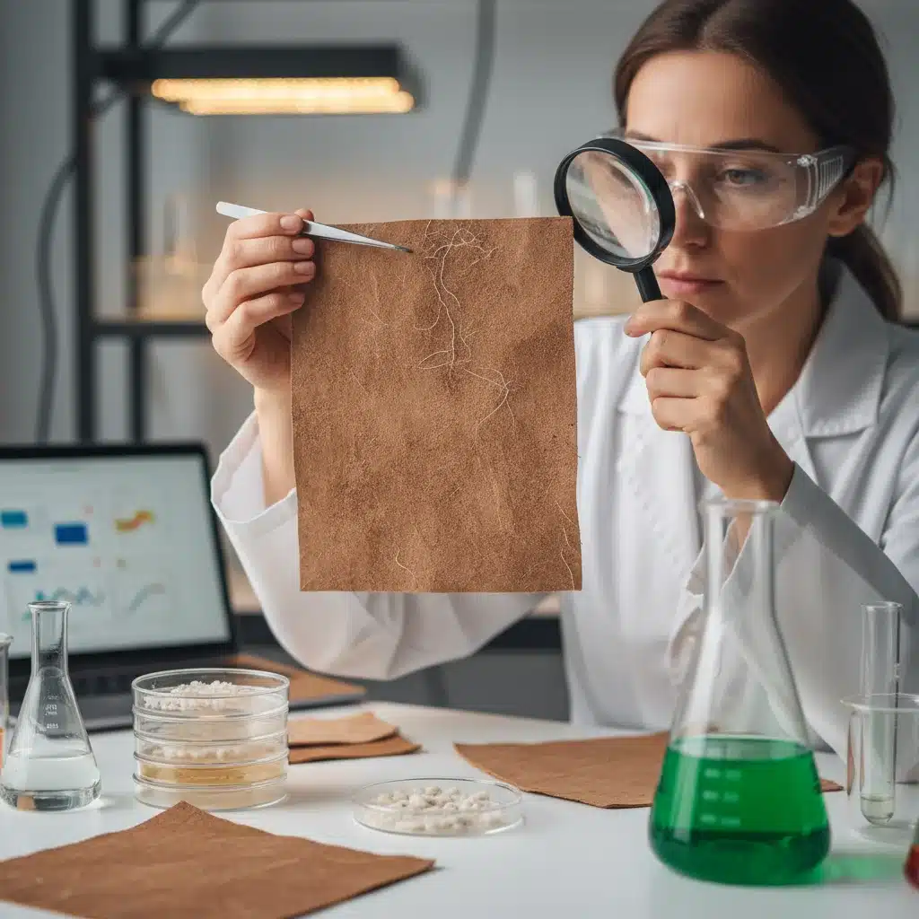 Textile engineer inspecting mycelium leather in a lab.