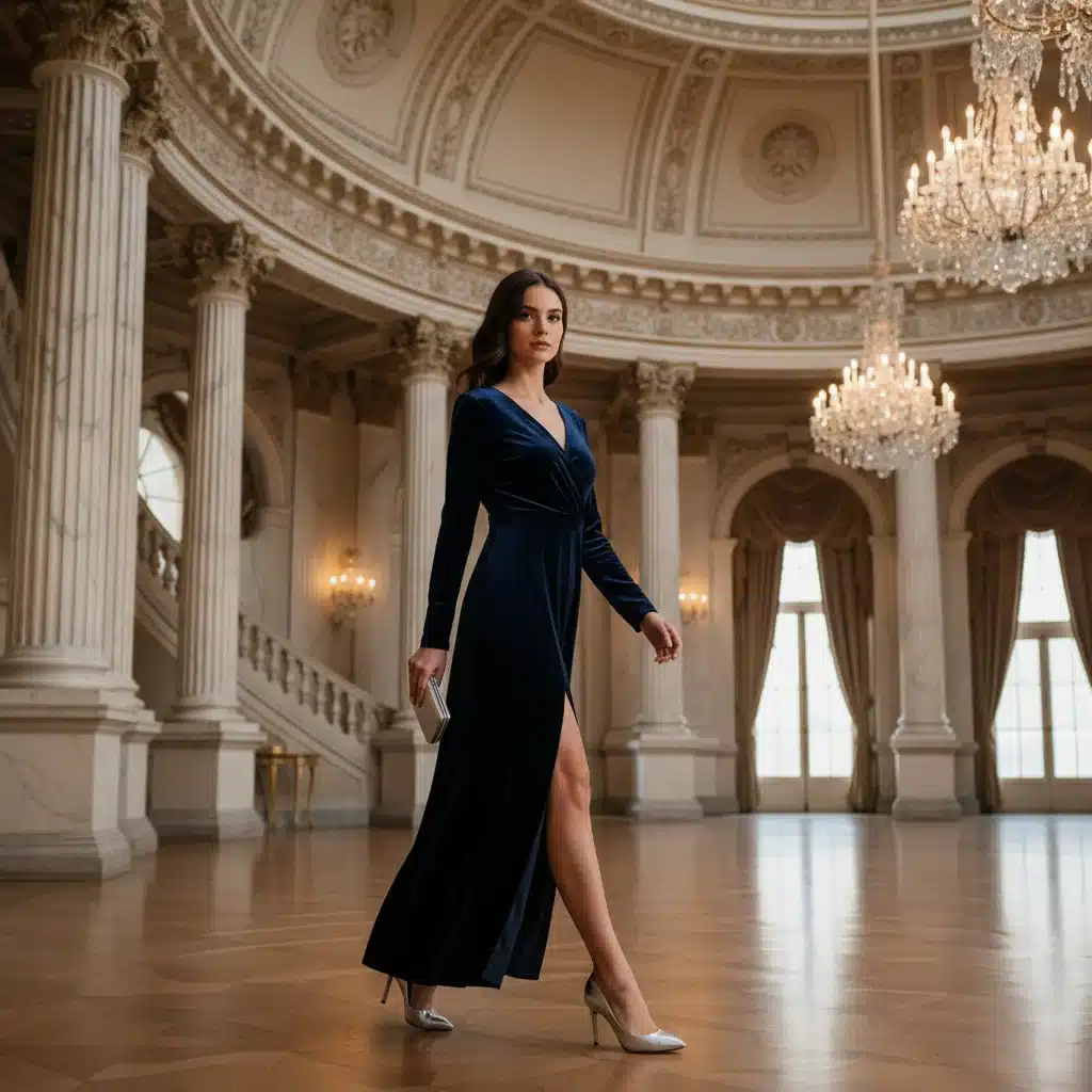 Woman in a navy velvet gown entering a grand ballroom, embodying formal elegance.