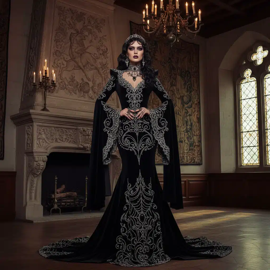 Model in Neo-Gothic Glam with velvet and lace, showcasing dramatic Fall 2026 style.