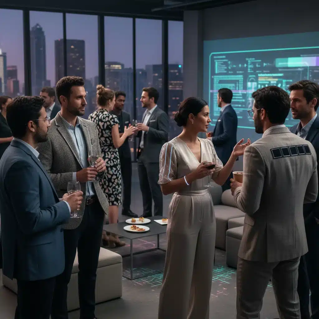Professionals networking at an event, demonstrating modern and versatile business attire.
