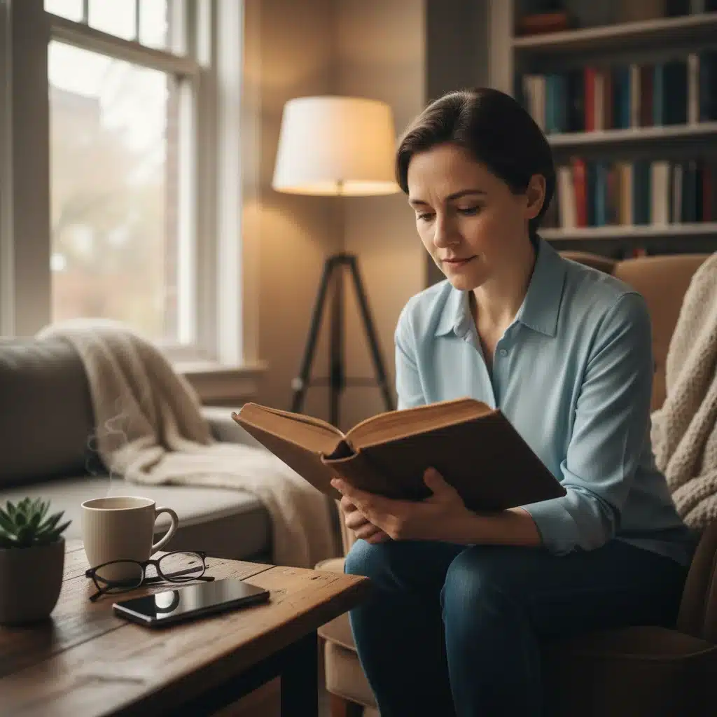 Person reading a physical book, phone face down